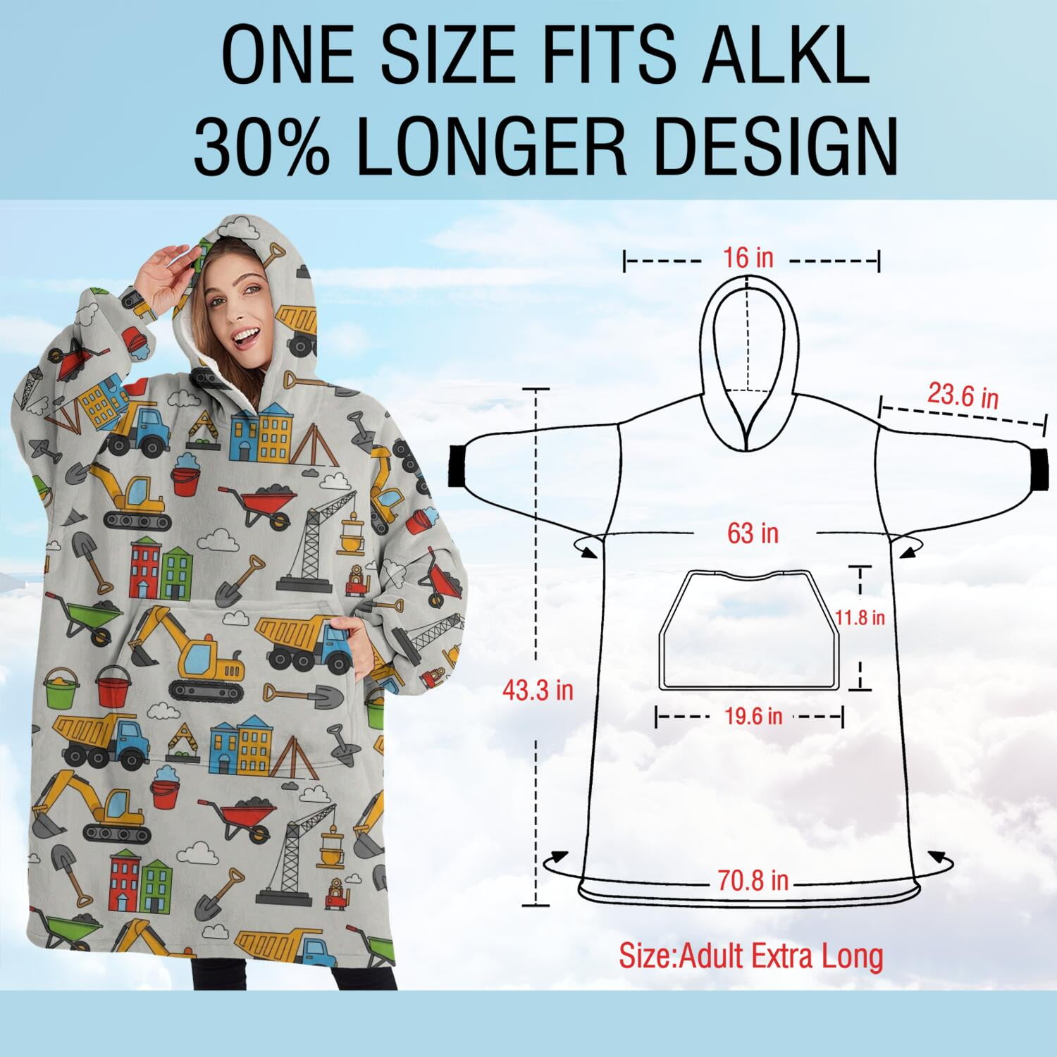 Oversized Wearable Blanket Hoodie,Cartoon Construction Vehicles Shovels Light Gray Pattern Sherpa Blanket Hoodie with Super Pockets,Super Warm Fuzzy Pullover for Women & Men