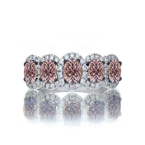 1.5 Carat round cut Classic five stone Morganite and white diamond Wedding band on 10k White Gold