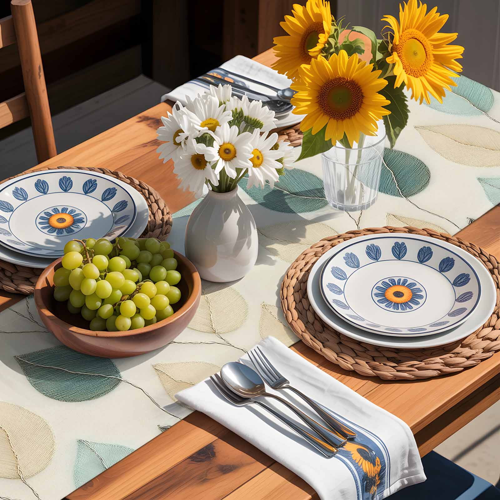 Farmhouse Teal Green Leaf Table Runner 90 Inches Long, Vintage Watercolor Leaves Table Runners Tabletop Scarf Kitchen Dining Tables Decoration for Home Party Indoor Outdoor