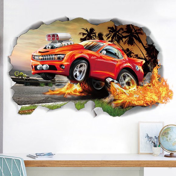 Sports Themed Wall Decals Decorative Removable 3D Car Wall Stickers Mural Sticker Wall Art Decor Birthday Gift Decorations for Kids Boys Room Child Bedroom