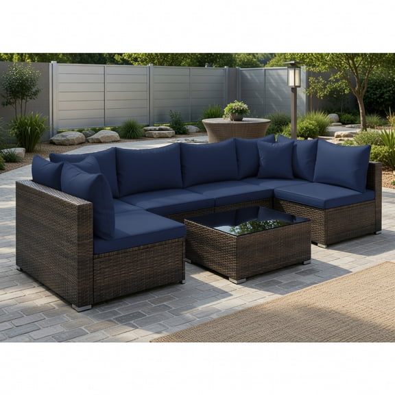 Resenkos Patio Furniture Sets,Outdoor & Patio Furniture Sets,7 Pieces Patio Rattan Furniture Set with Sectional Sofa Cushions-Navy