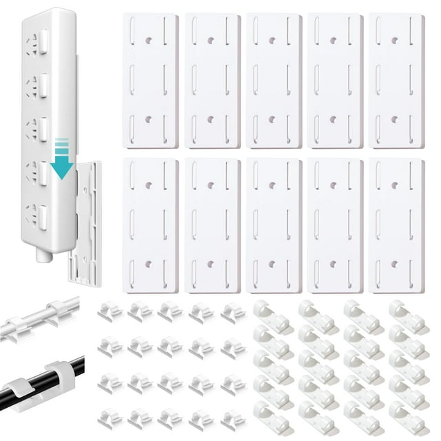 Soporte de enchufe adhesivo sin perforaciones, soporte de estribo eléctrico y kit de clips para cables, soporte para regleta de enchufes autoadhesivo, gestión de cables para montaje en pared