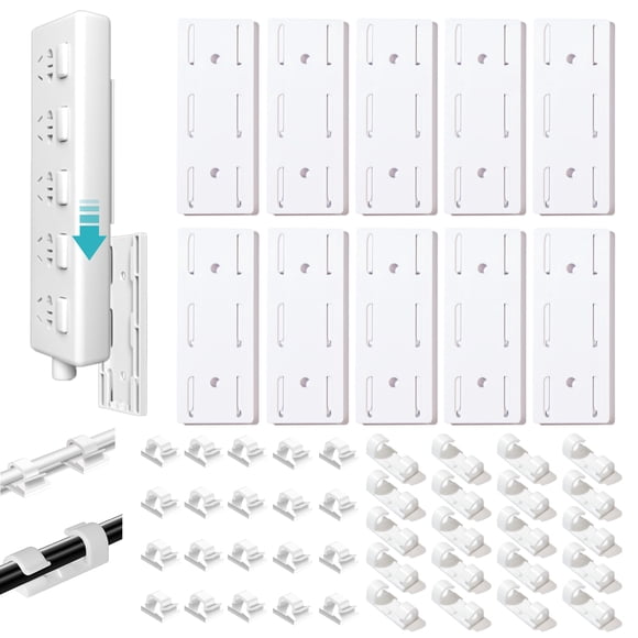 Soporte de enchufe adhesivo sin perforaciones, soporte de estribo eléctrico y kit de clips para cables, soporte para regleta de enchufes autoadhesivo, gestión de cables para montaje en pared