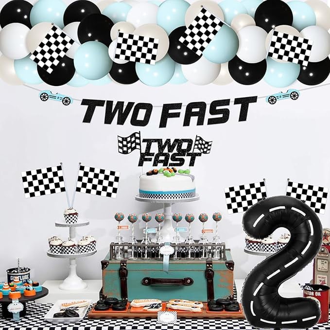 Two Fast Birthday Decorations Two Fast Balloon Arch Kit Race Car Two Fast Banner Vintage Retro Blue Apricot Cake Topper Racing Car Party Themed Birthday Supplies