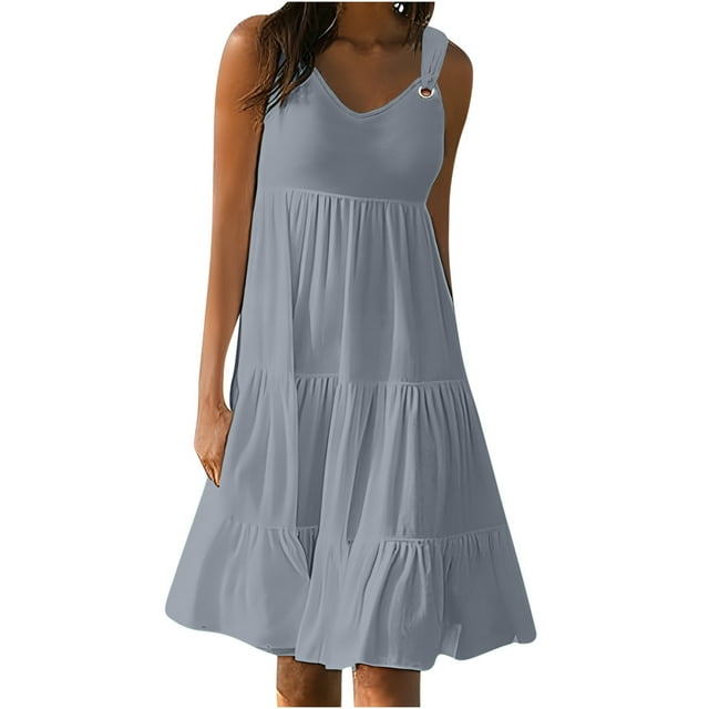 QIPOPIQ Robe T-Shirt Évasée Décontractée d'Été pour Femme, Sortie de Plage, Robe Débardeur Unie à Volants avec Poches, Liquidation