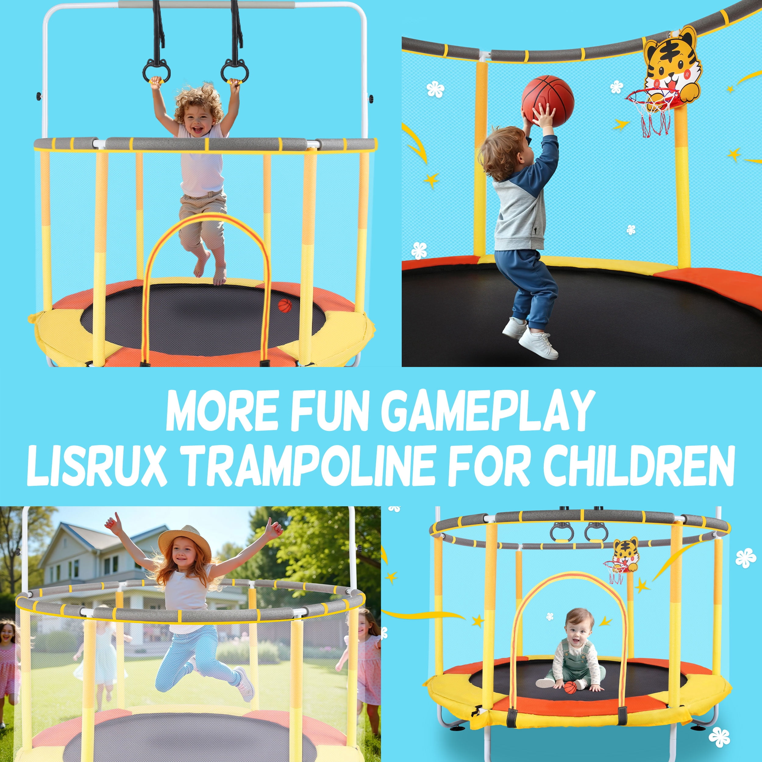 RAZXNAOR Trampoline Kids with Enclosure Indoor Outdoor 59" x 59" x 65"