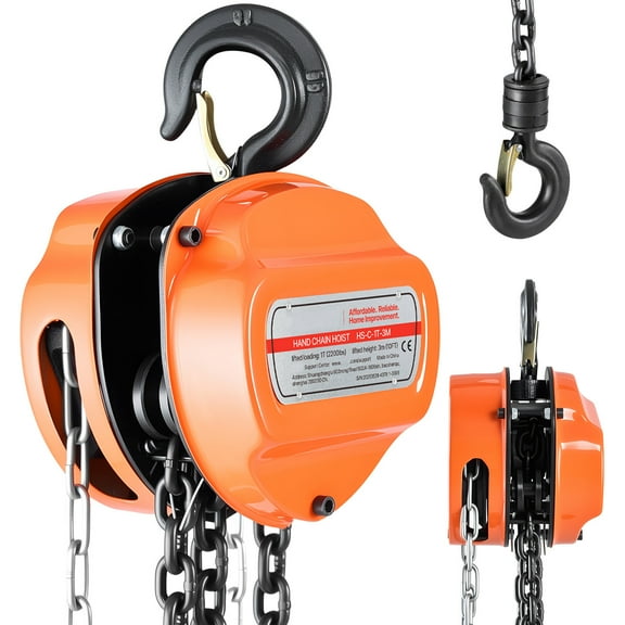 KFFKFF Manual Hand Chain Hoist, 1 Ton 2200 lbs Capacity, Chain Block with Enhanced G80 Galvanized Chain, 10 ft Lift Height, Durable Pulley System for Garage, Warehouse, and Machinery, Orange