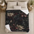 thumbnail image 5 of Vintage Burgundy Lilies, Ivory Blossoms and Shadowed Leaves Cozy Flannel Blanket, Dark Botanical Home Decor for Women, Living Room and Bedroom, Anniversary Gift, 5 of 9