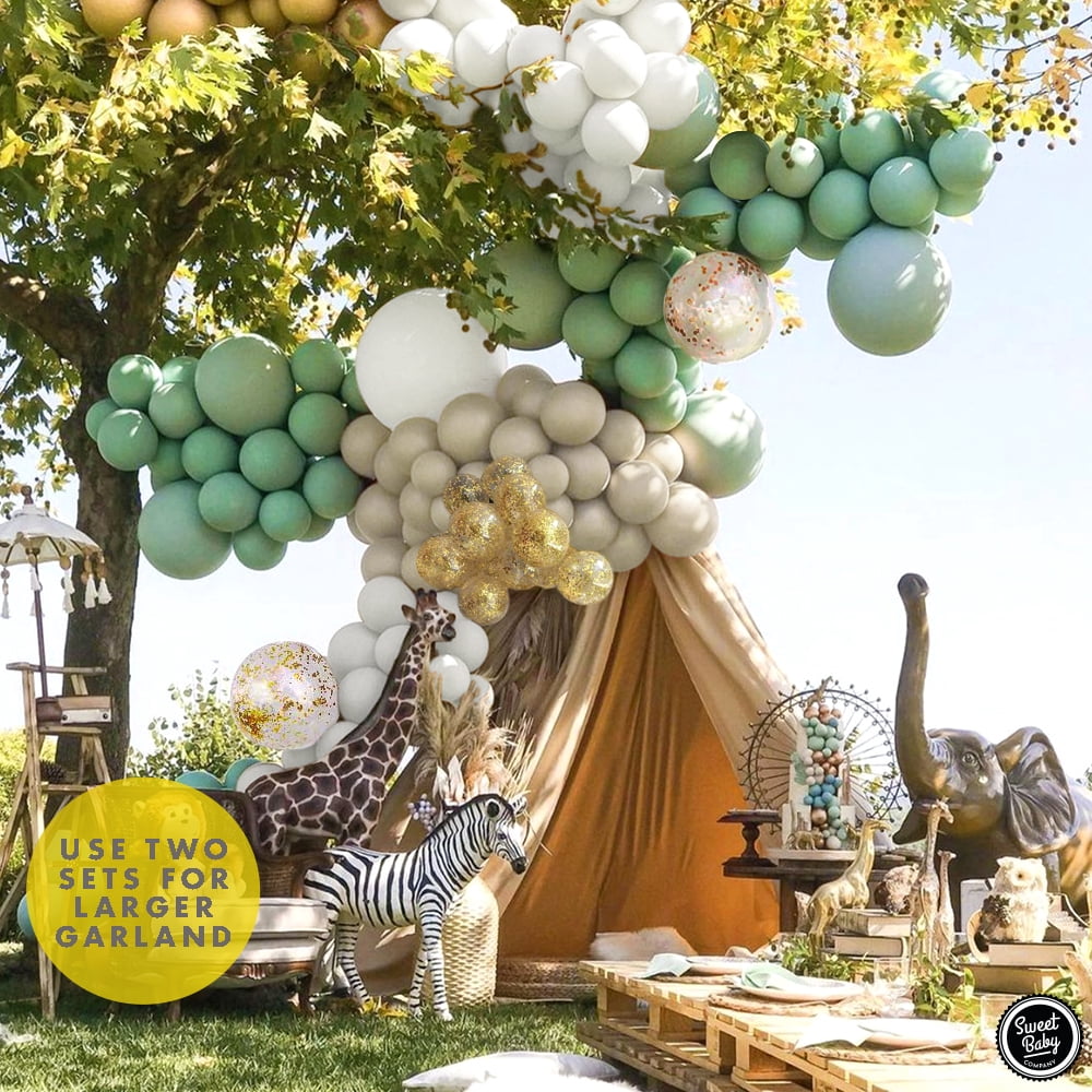 Sage Green Balloon Garland Kit with Matte Sage Olive, Taupe, White, Gold Metallic, Confetti Balloons