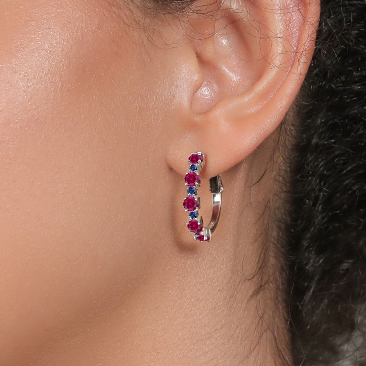 Gem Stone King 925 Sterling Silver Red Created Ruby and Blue Created Sapphire Hoop Earrings for Women (2.86 Cttw, Round 4MM and 1.9MM, Gemstone Birthstone 1 inch Diameter)