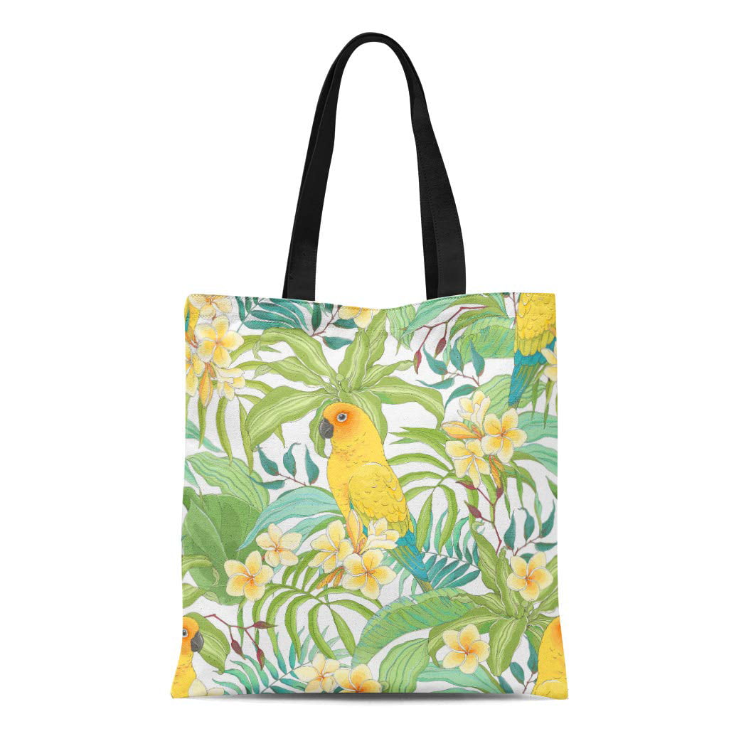 KDAGR Canvas Tote Bag Flowers Plumeria Leaves and Parrot Sun Conure in ...