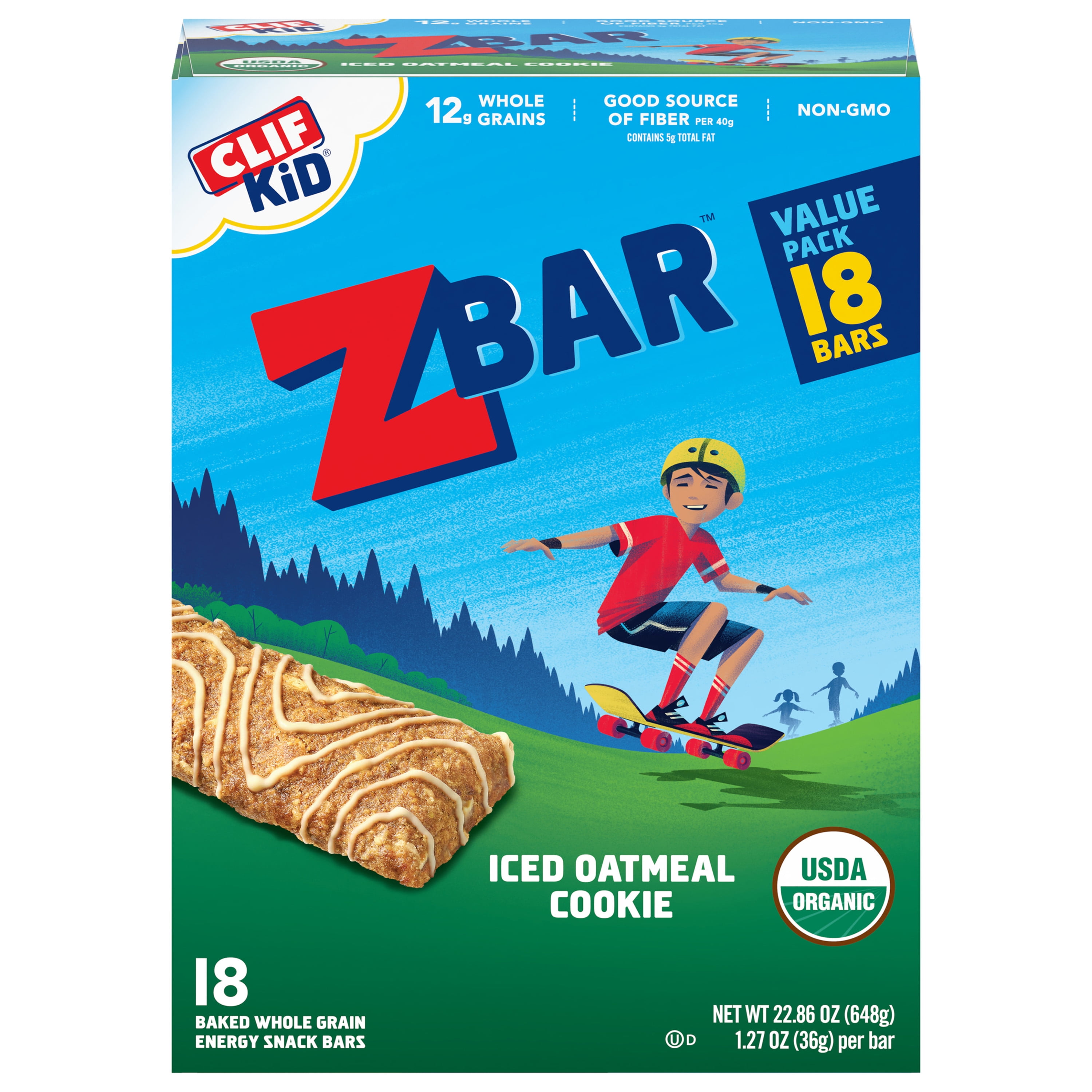 Clif Kid Zbar Organic Whole Grain Energy Snack Bars, Granola Bars, Iced Oatmeal Cookie Bar, 18 Ct, 1.27 oz.