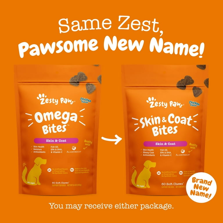 Zesty Paws Omega Bites For Skin & Coat Support Chicken Flavor with Alaskan Fish Oil Soft Chews for Dogs Zesty Paws Omega Bites For Skin & Coat Support Chicken Flavor with Alaskan Fish Oil Soft Chews for Dogs