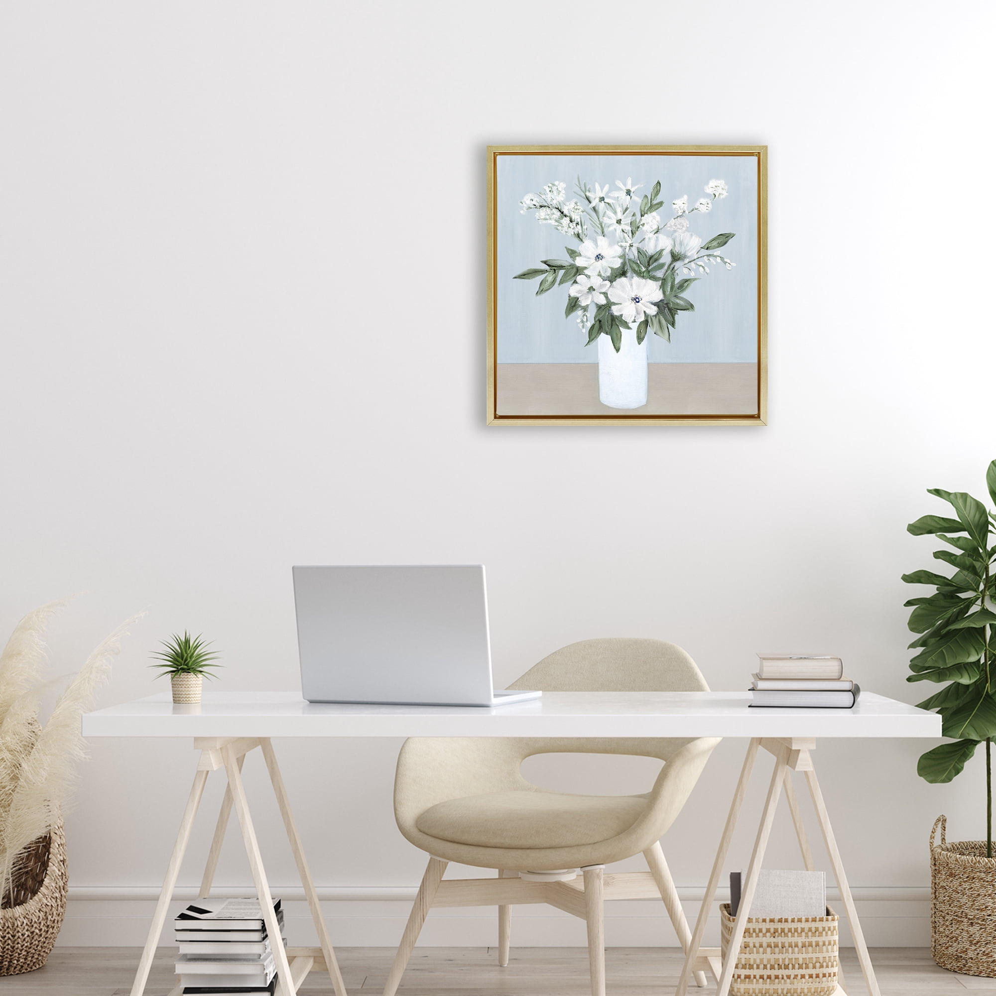 Stupell Industries Mixed White Blooms on Blue Gold Framed Floater Canvas Wall Art, design by Marilyn Dunlap