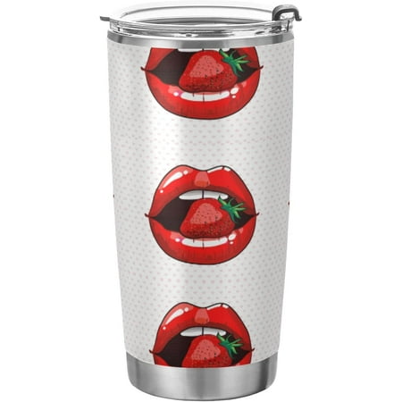 

Sexy Red Woman Lip with Red Strawberry on Seamless Pink Hearts Tumbler with Lid and Straw BPA-Free Vacuum Insulated Thermal Coffee Mug 20oz Stainless Steel Double Wall Travel Cup Water Bottle