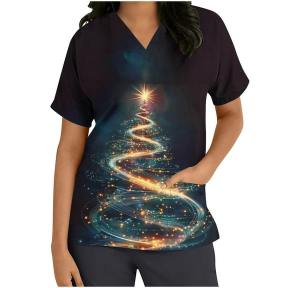 Christmas Scrubs for Women, Aofany Xmas Tree Print Scrubs Tops Workwear Short Sleeve V Neck Nurse Shirt Working Uniforms Medical Scrubs with Pockets