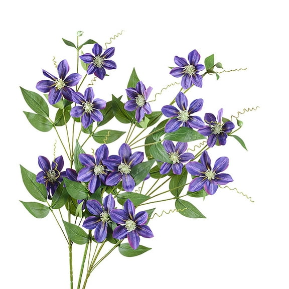 HEVIRGO 4PCS Artificial Clematis Branch with Stem Green Leaves Home Wedding Party Faux Flower Floral Arrangement Indoor Outdoor Garden Decoration Photo Props,Dark Purple