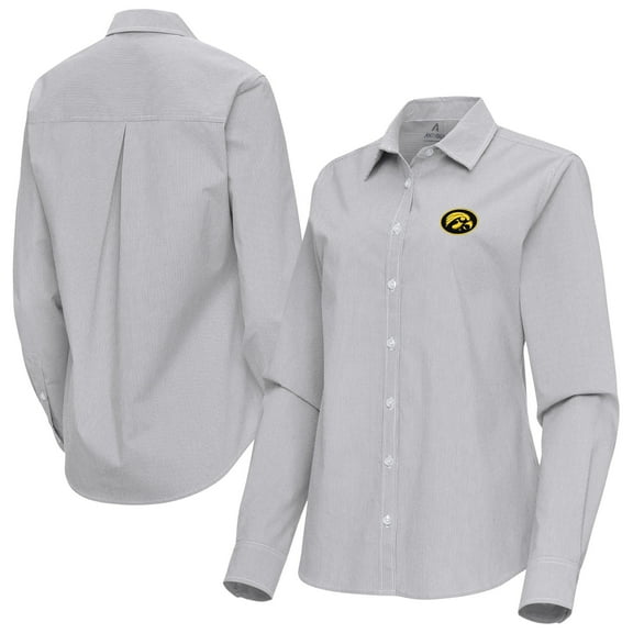 Women's Antigua Gray Iowa Hawkeyes Porter Woven Tri-Blend Long Sleeve Button-Up Shirt