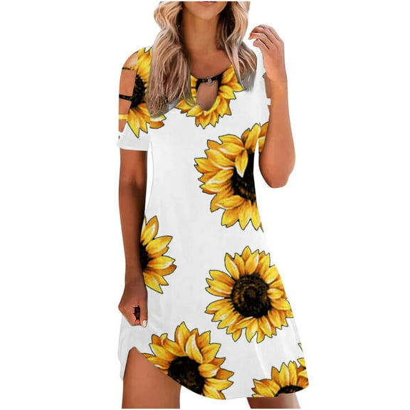 ICHUANYI Womens Dress Casual Slimming Print Short Sleeves Cold Shoulder Dresses Fashion Cloth 2024