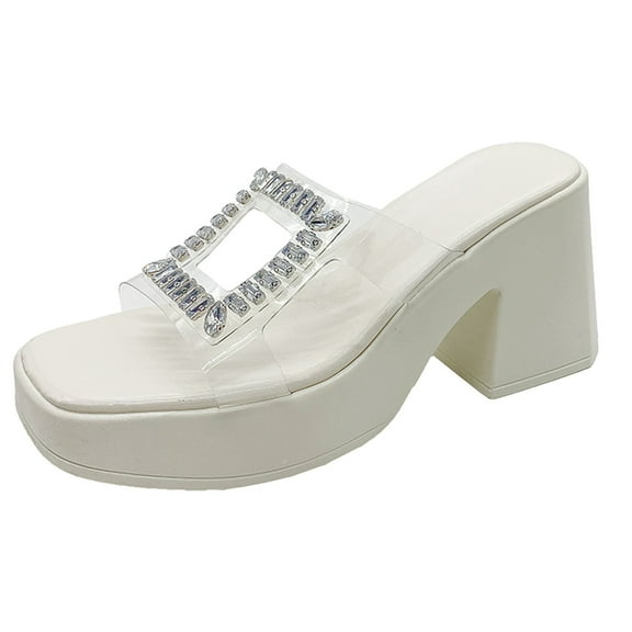 Mepaouo Womens Slide Sandals Block Heeled Square Open Toe Clear Band Platform Slip on Mules Size 6.5