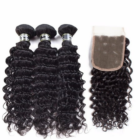 Beroyal Human Hair 3 Bundles with Closure Free Part Malaysian Virgin Hair Deep Wave, 16