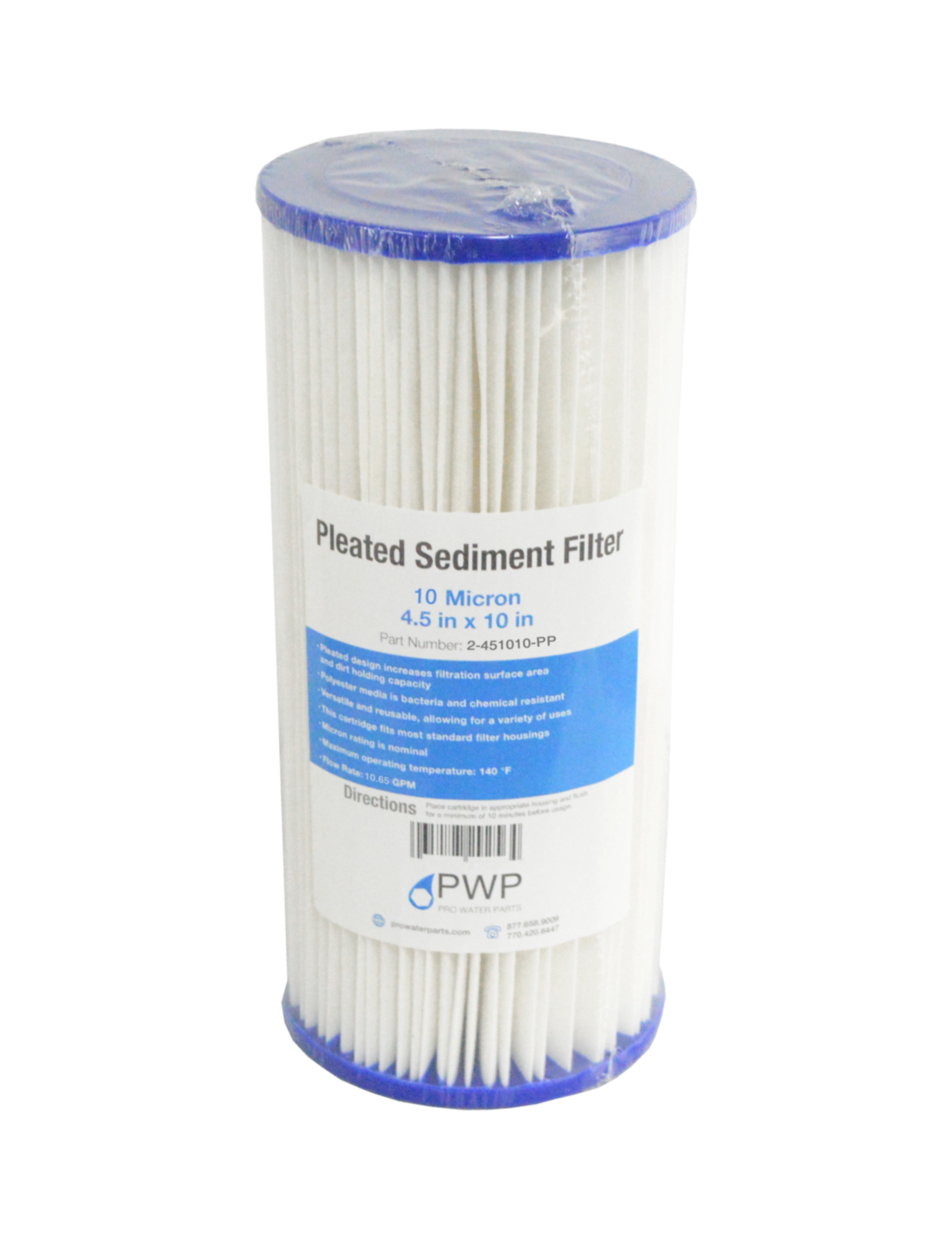 Pleated Polypropylene Washable Water Filter Cartridge 4.5x10" 10 Micron 20 Pack