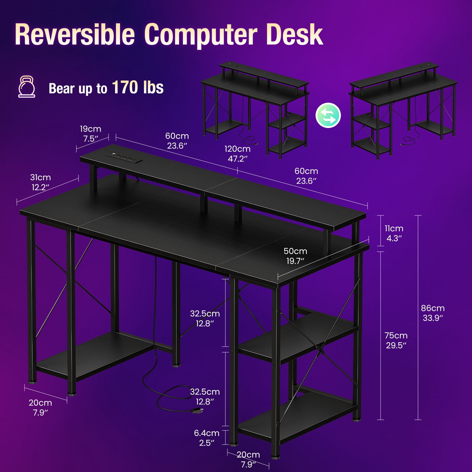 CONCETTA 48" Computer Gaming Desk with LED Light, Power Outlet, Monitor Stand, Headphone Hook, Black