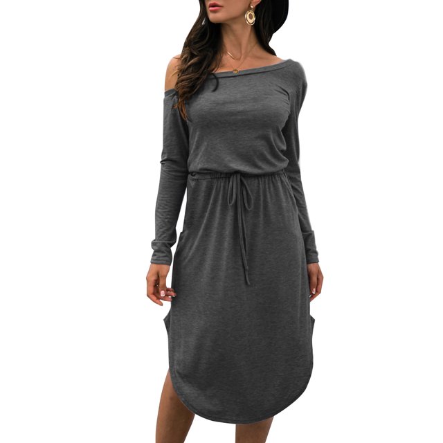 Vestido de un hombro para mujer Vestido a media pierna de manga larga con abertura lateral y cintura Abanopi Gris/Grande