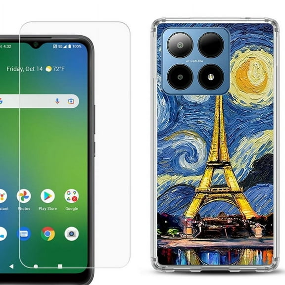 For Boost Mobile Summit 5G Shockproof Phone Case Cover with Tempered Glass Screen Protector, by OneToughShield - Starry Night Eiffel