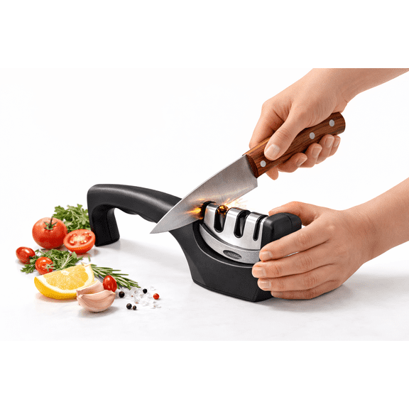 Q&Q BASICS Kitchen Knife Sharpener Tool - Manual Three Stage Lightweight Sharpening Knife System - Blade Restorer for Kitchen Knives