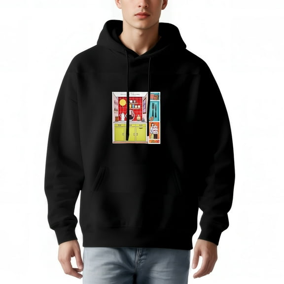 Men's Long Sleeve Hoodie Pullover Sweatshirt with Pockets - Colorful Cartoon Kitchen Graphic Retro Comic Style Design
