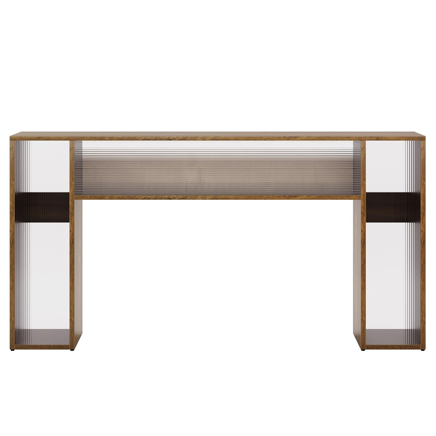 Demi Bonn LED-Lit Console Table, Wooden & Ribbed Glass Entryway Table, Stylish Hall Display for Living Room, Brown