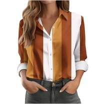 DAFPZW Womens Button Down Casual Shirts Color Block Striped Blouse Tops Long Sleeve Collar Shirt Dressy Work Outfits Clothing