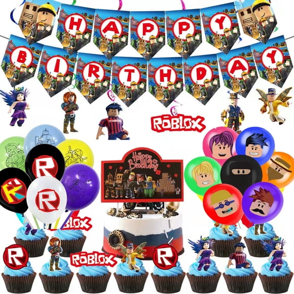 Roblox Virtual World Party Decorations Set, Game Robot Banner Balloons Swirls Cake Toppers