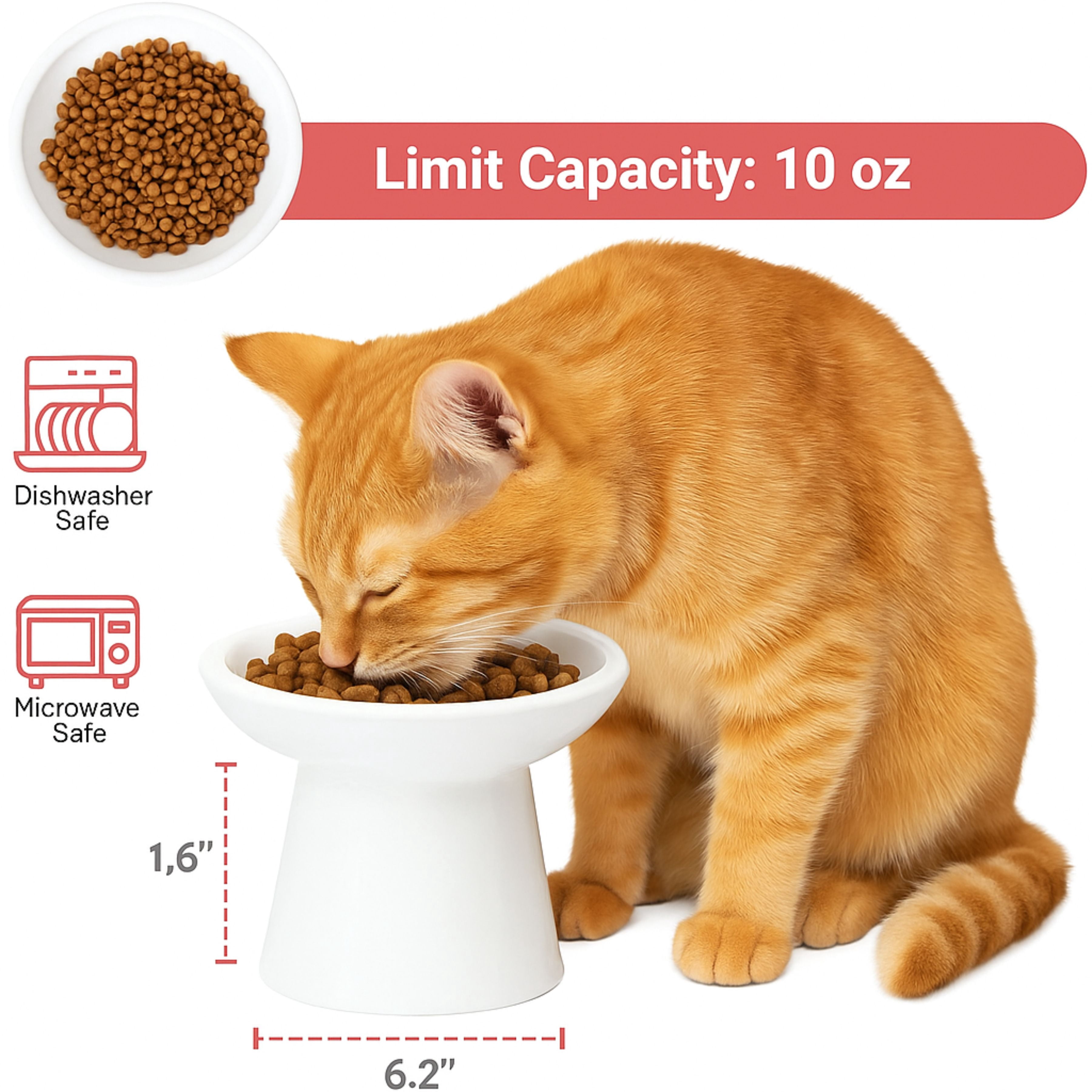 2-Pack Elevated Ceramic Cat Bowls, 10oz Raised Pet Food and Water Dishes, Whisker-Friendly Wide Shallow Design, Non-Slip Base, Microwave & Dishwasher Safe, For Cats and Small Dogs