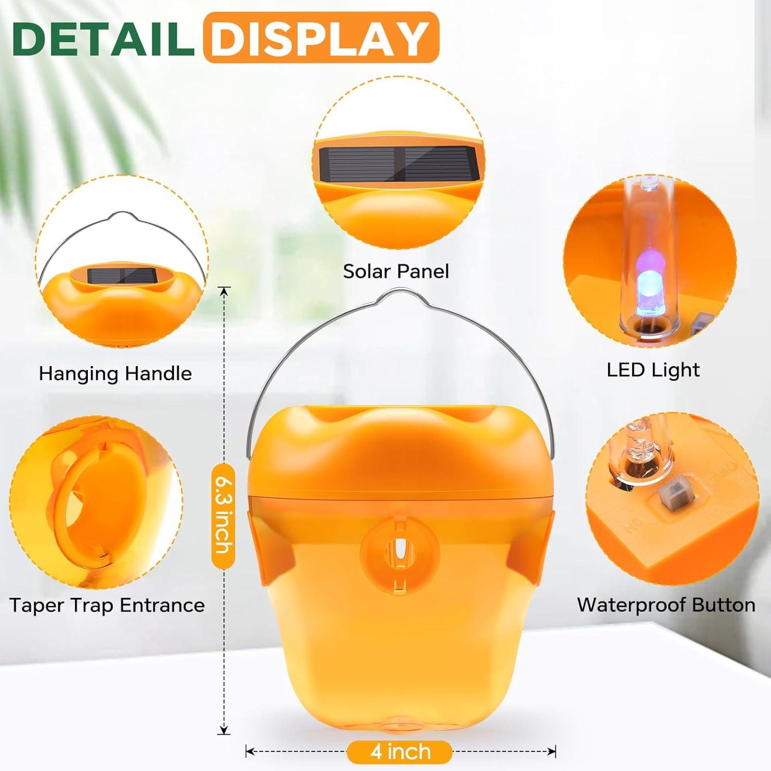 2 PACK Wasp Trap, Solar Wasp Traps Hanging, Reusable Yellow Jacket Bee Traps for Outside with LED Light, Hornet Trap for Orchard, Farm, Garden, Patio, Courtyard (Yellow)