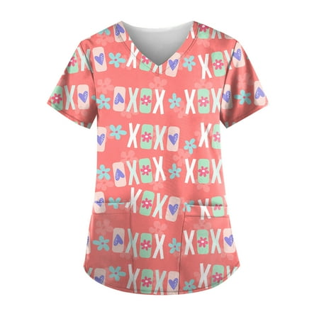 

Fragarn Women s Animal Printed Scrub Tops Plus Size V-Neck Fun T Shirts Workwear Nurse Uniform Tee with Pockets(Watermelon Red L)