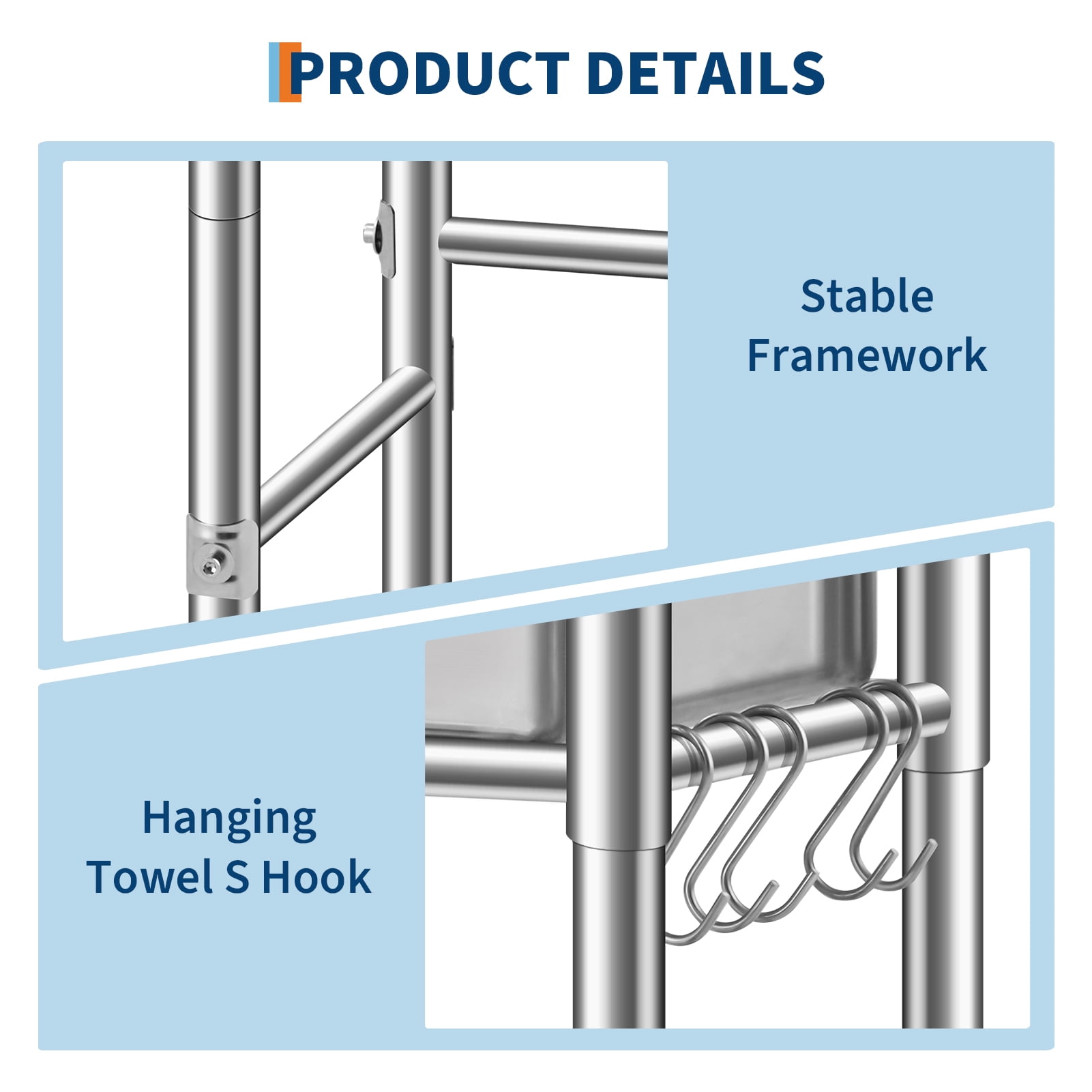 Amkui Stainless Utility Sink, Freestanding Outdoor Sink with Adjustable Legs, Storage Shelf,S-Hooks & Hot Cold Water Pipes, Kitchen Single Stainless Sinks for Laundry, Garage