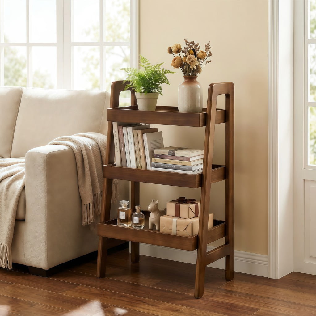 3-Tier Solid Wood Ladder Shelf, 100% Wood Bookshelf with Open Storage & Protective Edges, Freestanding Space-Saving Display Rack, Walnut