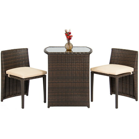 Best Choice Products Wicker 3-Piece Space Saving Outdoor Bistro Set with Glass Table (Best Sealer For Table Top)