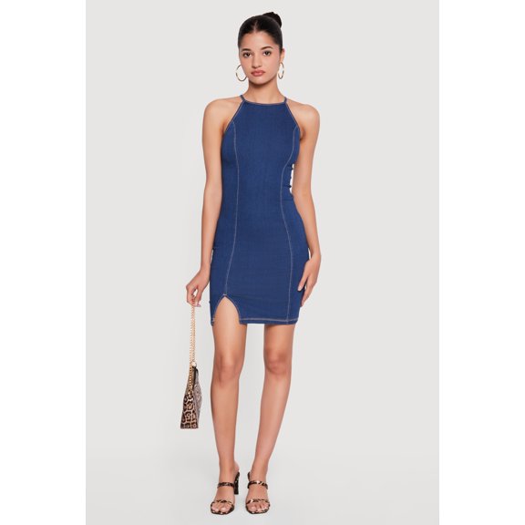 Women's Halter Neck Cutout Zip Back Denim Mini Dress