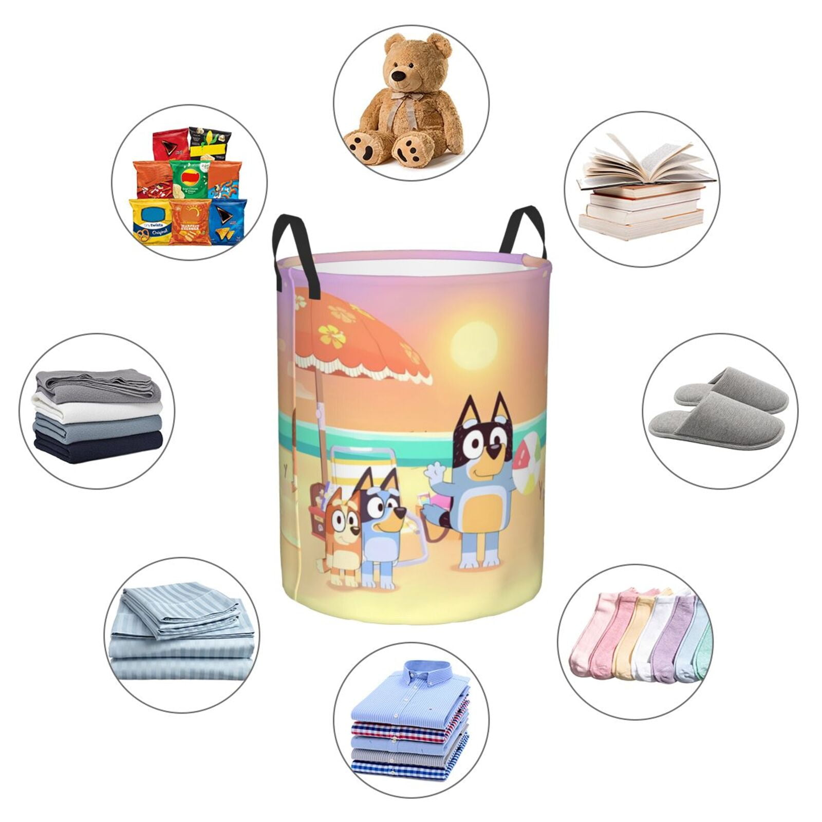 Silaia Bluey Print Round Laundry Clothes Hamper,Laundry Basket with Handles,Baby Toys Storage Organizer,Bins Laundry Basket for Bathroom, Bedroom Decorate-Small