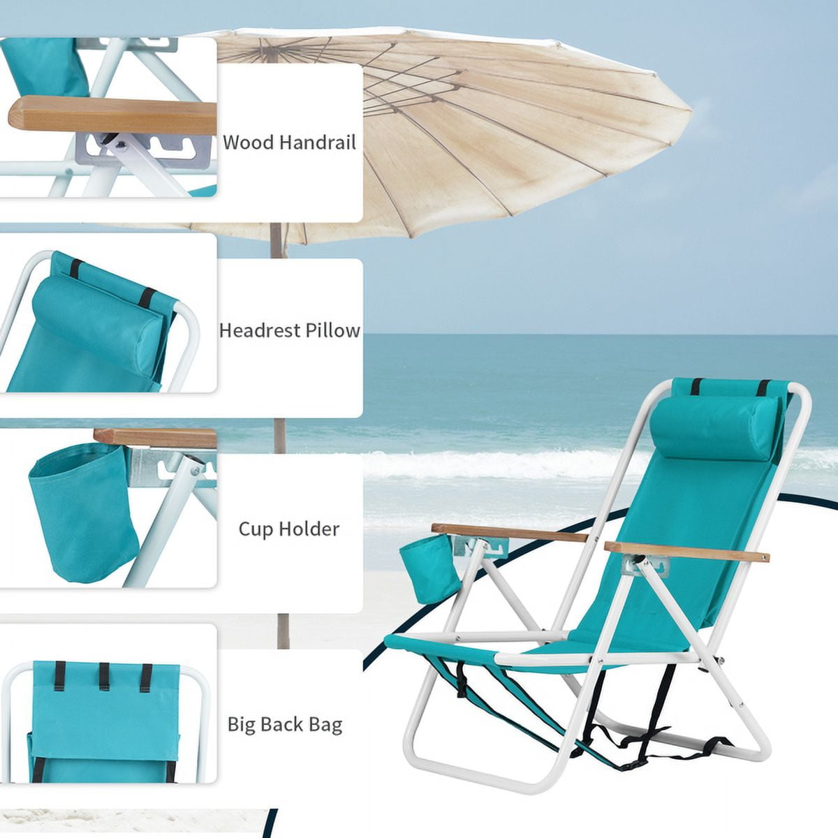2 Pack Beach Chairs with Headrest & Cup Holder, Portable Backpack Camping Chairs 4-Position Lightweight Folding Chairs Support 265lbs
