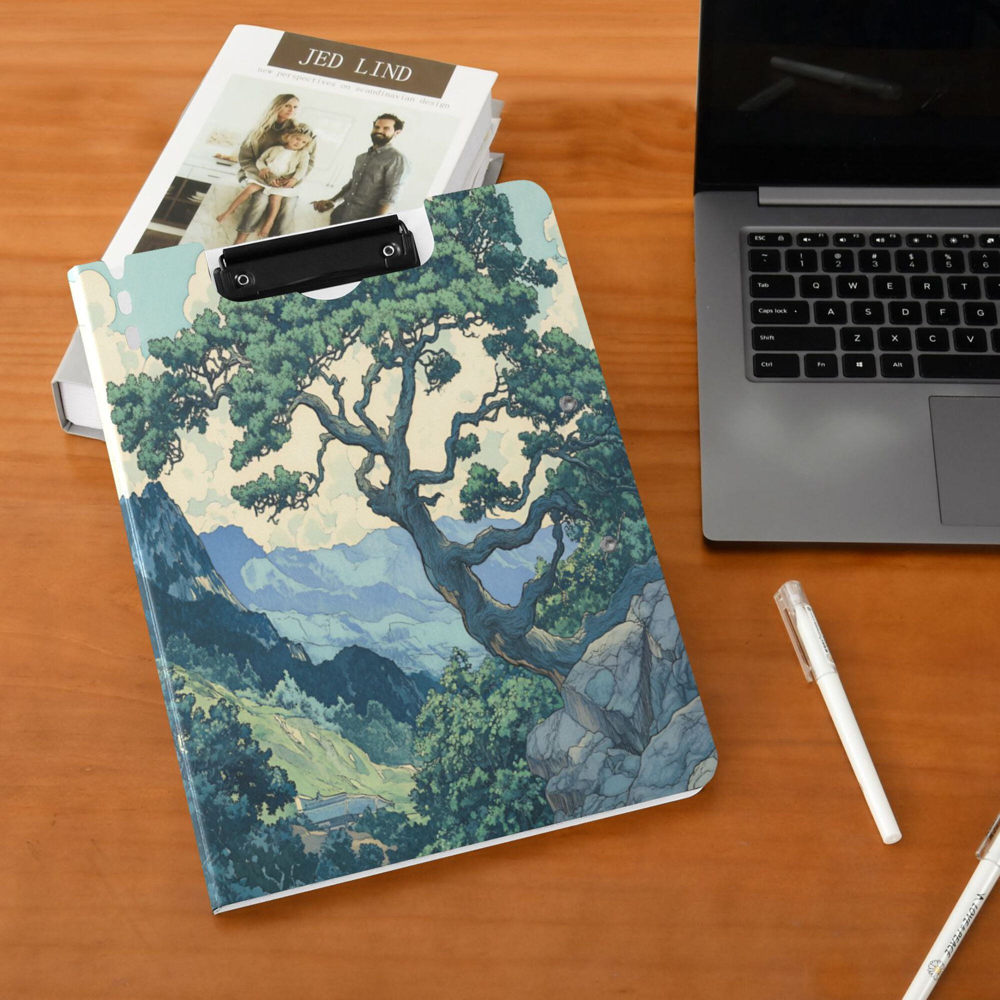 FORMRS A4 Clipboard Folder with Pen Holder Horizontal Foldable School Office Binder, Retro Tree