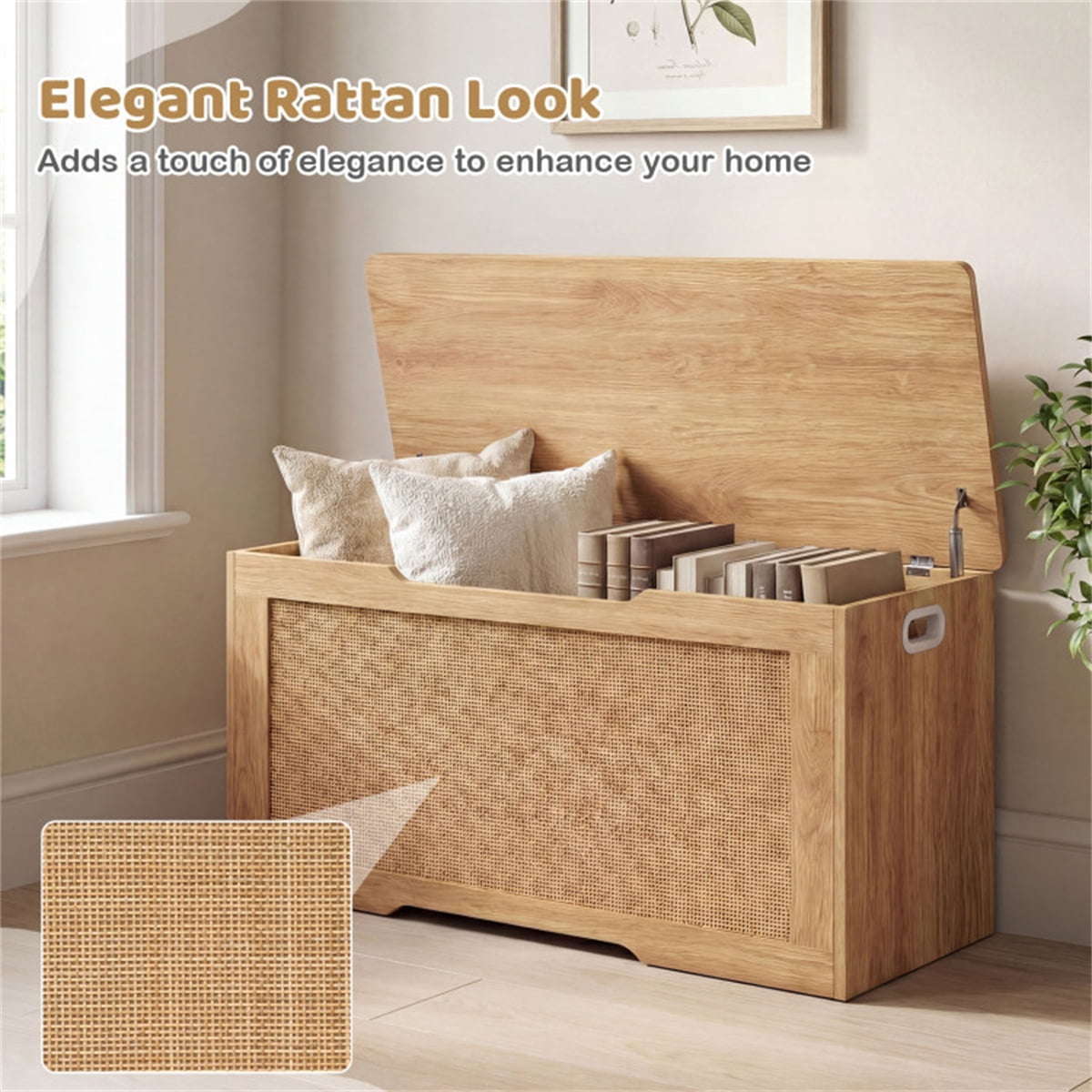 39 Gallon Natural Wooden Toy Box Storage Chest with Soft Close Lid Rattan Look Kids Storage Bench 350 lbs Weight Capacity for Playroom Bedroom Entryway