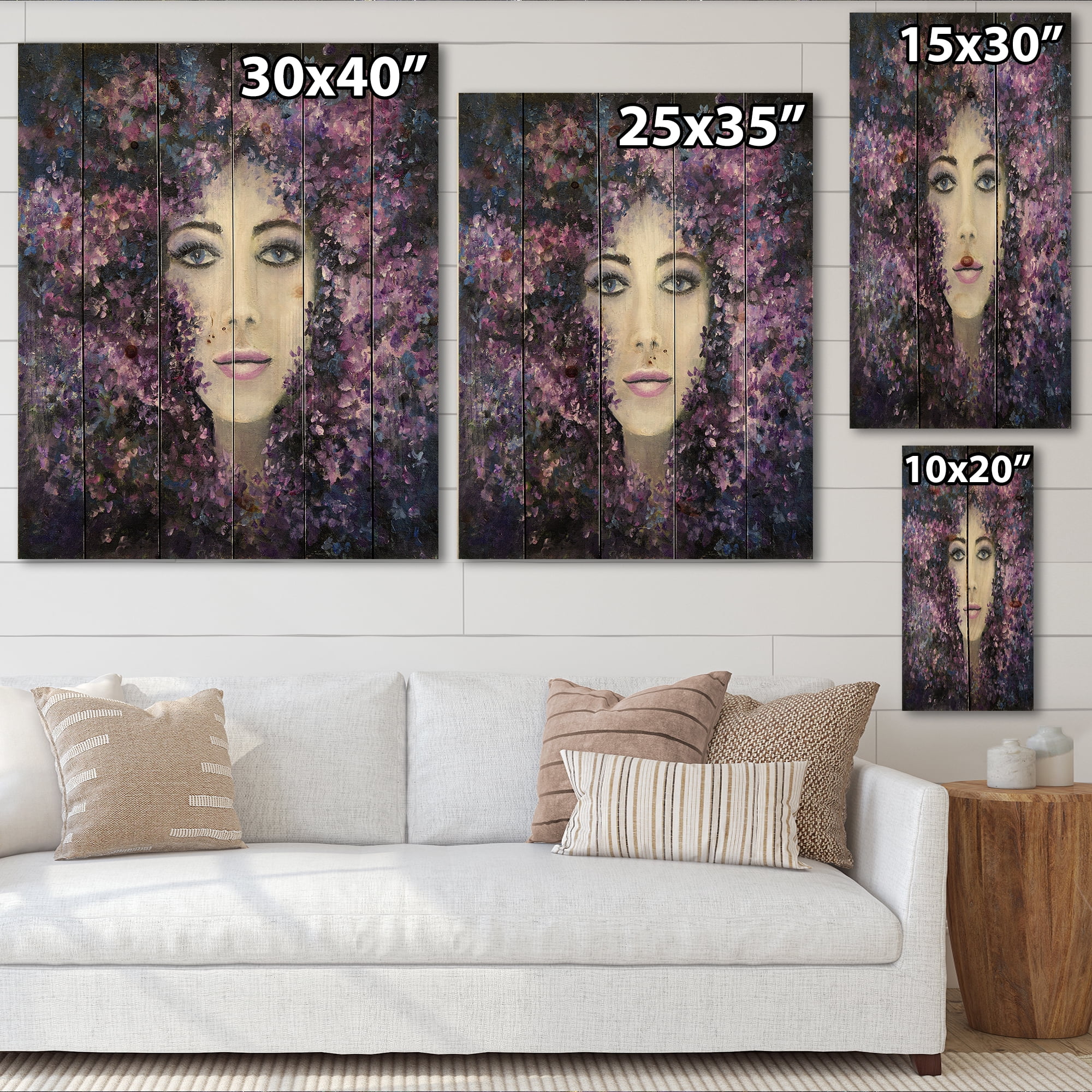 Designart 'Portrait of A Lady With Purple Lavender Flowers' Modern Print on Natural Pine Wood
