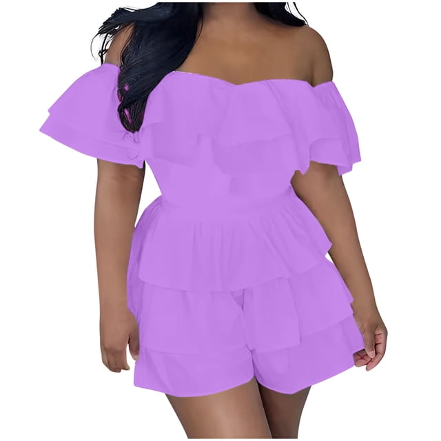 Lenpel Women's off Shoulder Rompers Trendy Cotton Ruffle Short Sleeve Tiered Summer Jumpsuits Casual Overall Shorts