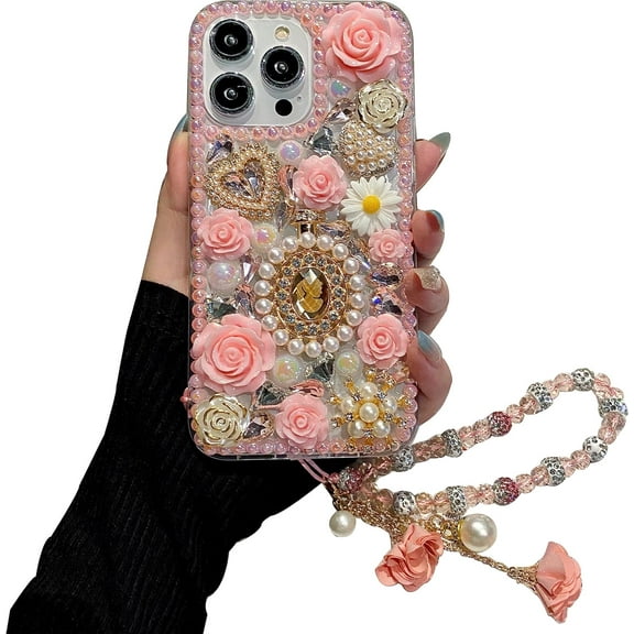 for iPhone 15 Bling Diamond Case with Flower Strap, 3D Luxury Sparkle Glitter Crystal Rhinestone Pearl Love Rose Wristband Bracelet Case Cover for Girls Women Kids (Pink)