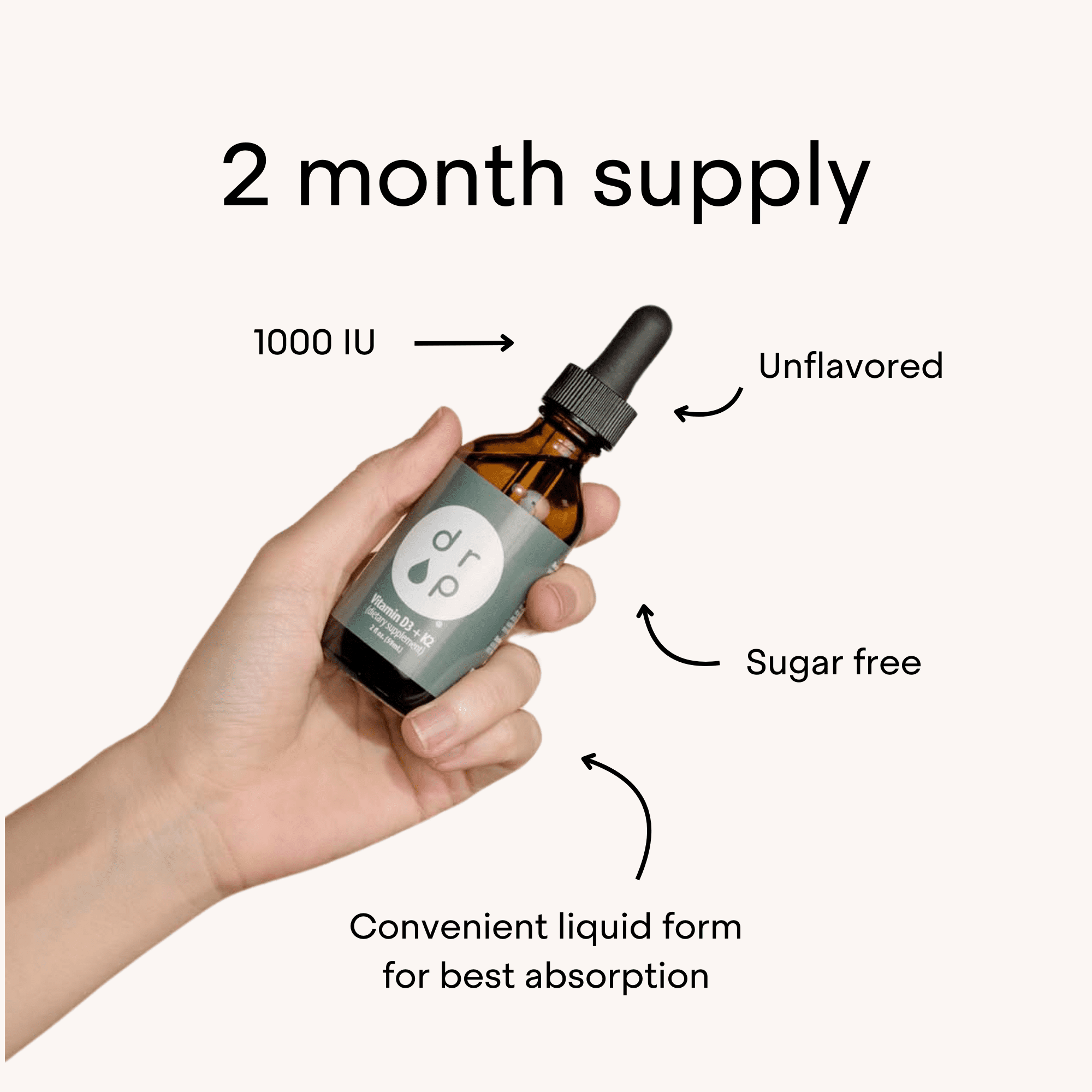 Drop Supplements Vitamin D3 + K2 Drops with 1000 IU of Plant Based D3 and 45 mcg of K2, 2 oz Liquid Supplement for Bone Strength, Improved Mood - No Artificial Preservatives, Unflavored, with MCT Oil