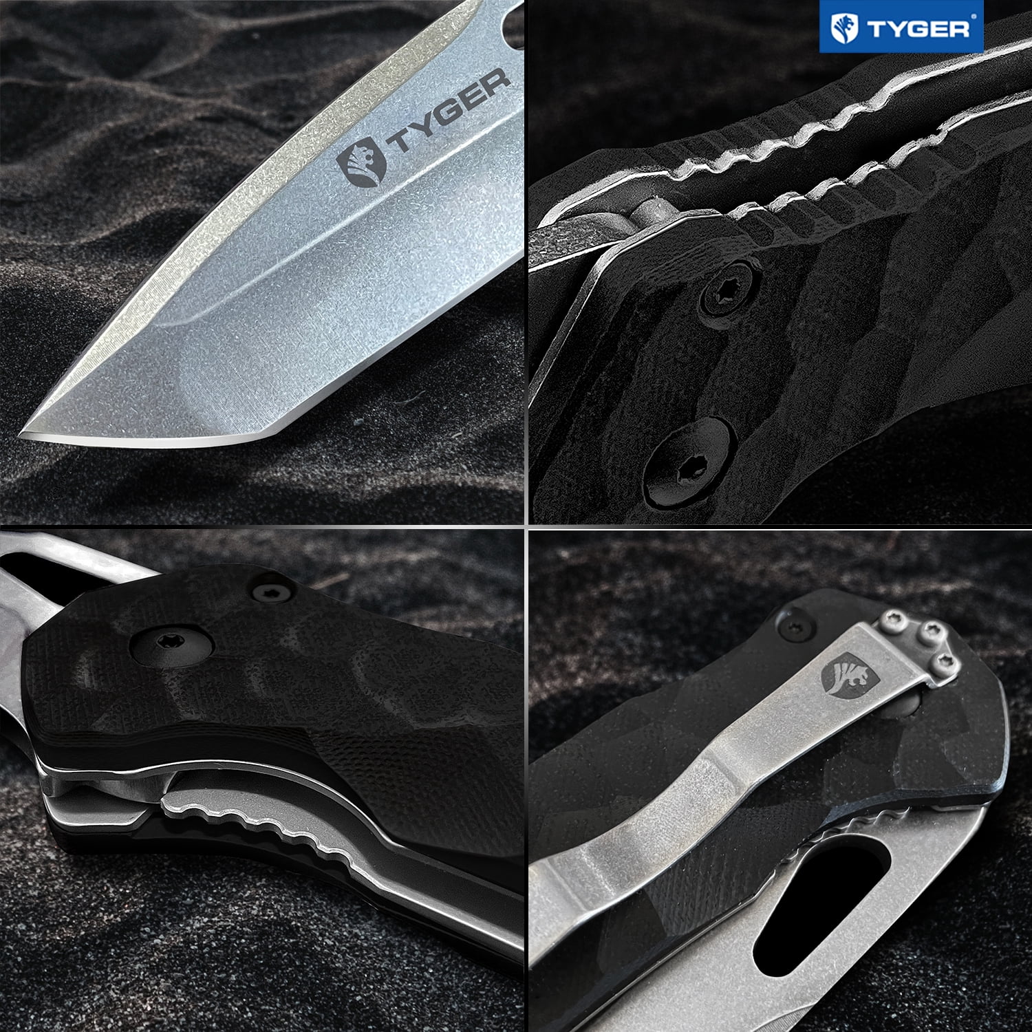 Tyger K4 EDC Folding Pocket Knife | Stone-washed AUS-8 Steel Blade | Black G-10 Handle | TG-KF7A2837